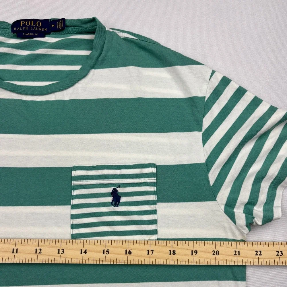 Polo Ralph Lauren Striped Pocket Shirt Mens Medium Green White Pony Classic Tee